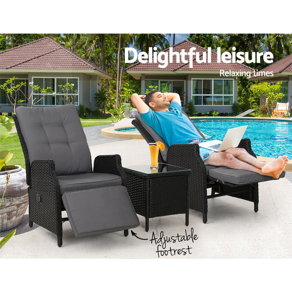 Gardeon 3PC Recliner Chairs Table Sun lounge Outdoor Furniture Wicker Adjustable Black Chez Guru