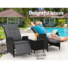 Gardeon 3PC Recliner Chairs Table Sun lounge Outdoor Furniture Wicker Adjustable Black Chez Guru
