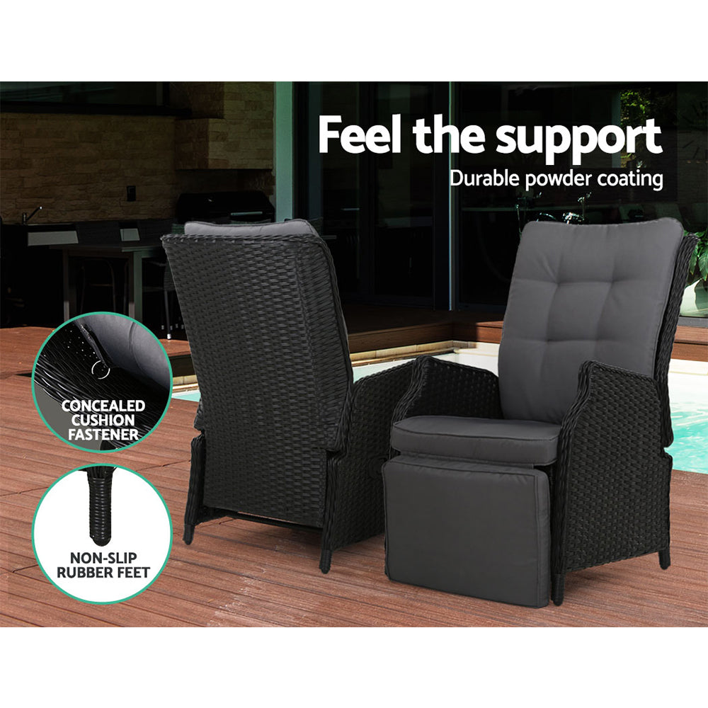 Gardeon 3PC Recliner Chairs Table Sun lounge Outdoor Furniture Wicker Adjustable Black Chez Guru