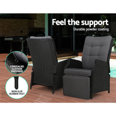Gardeon 3PC Recliner Chairs Table Sun lounge Outdoor Furniture Wicker Adjustable Black Chez Guru