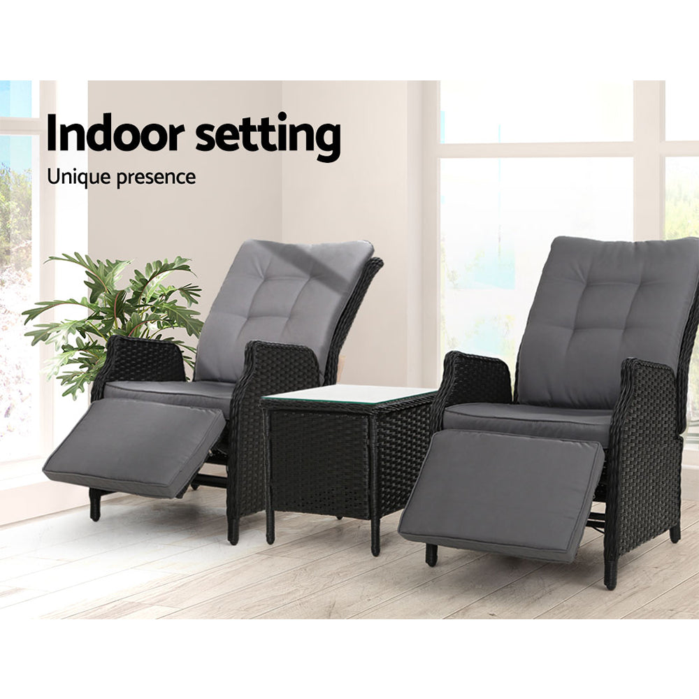 Gardeon 3PC Recliner Chairs Table Sun lounge Outdoor Furniture Wicker Adjustable Black Chez Guru