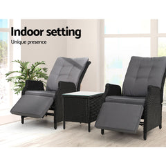 Gardeon 3PC Recliner Chairs Table Sun lounge Outdoor Furniture Wicker Adjustable Black Chez Guru