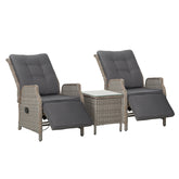 Gardeon 3PC Recliner Chairs Table Sun lounge Outdoor Furniture Wicker Adjustable Grey Chez Guru