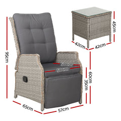 Gardeon 3PC Recliner Chairs Table Sun lounge Outdoor Furniture Wicker Adjustable Grey Chez Guru