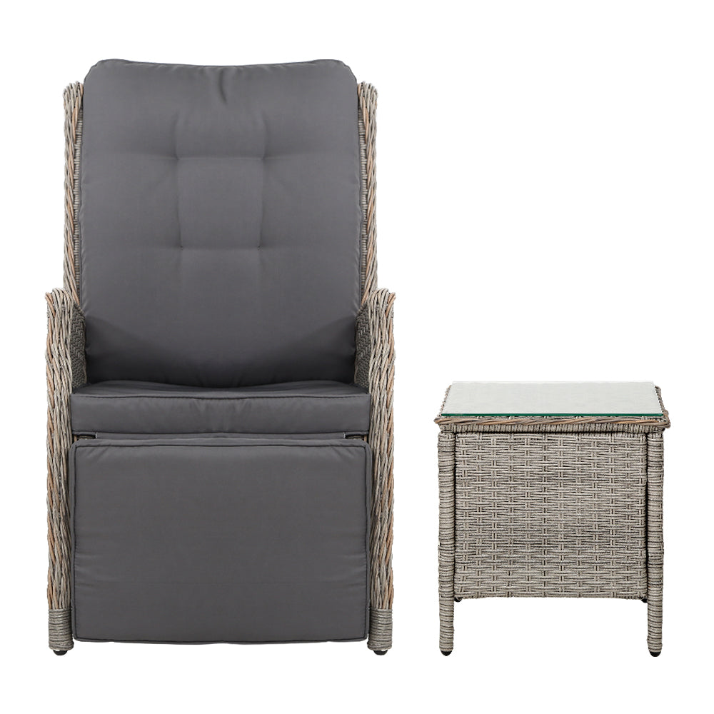 Gardeon 3PC Recliner Chairs Table Sun lounge Outdoor Furniture Wicker Adjustable Grey Chez Guru