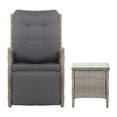 Gardeon 3PC Recliner Chairs Table Sun lounge Outdoor Furniture Wicker Adjustable Grey Chez Guru