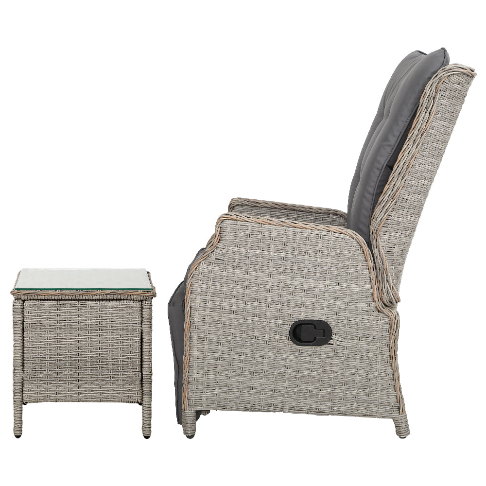 Gardeon 3PC Recliner Chairs Table Sun lounge Outdoor Furniture Wicker Adjustable Grey Chez Guru