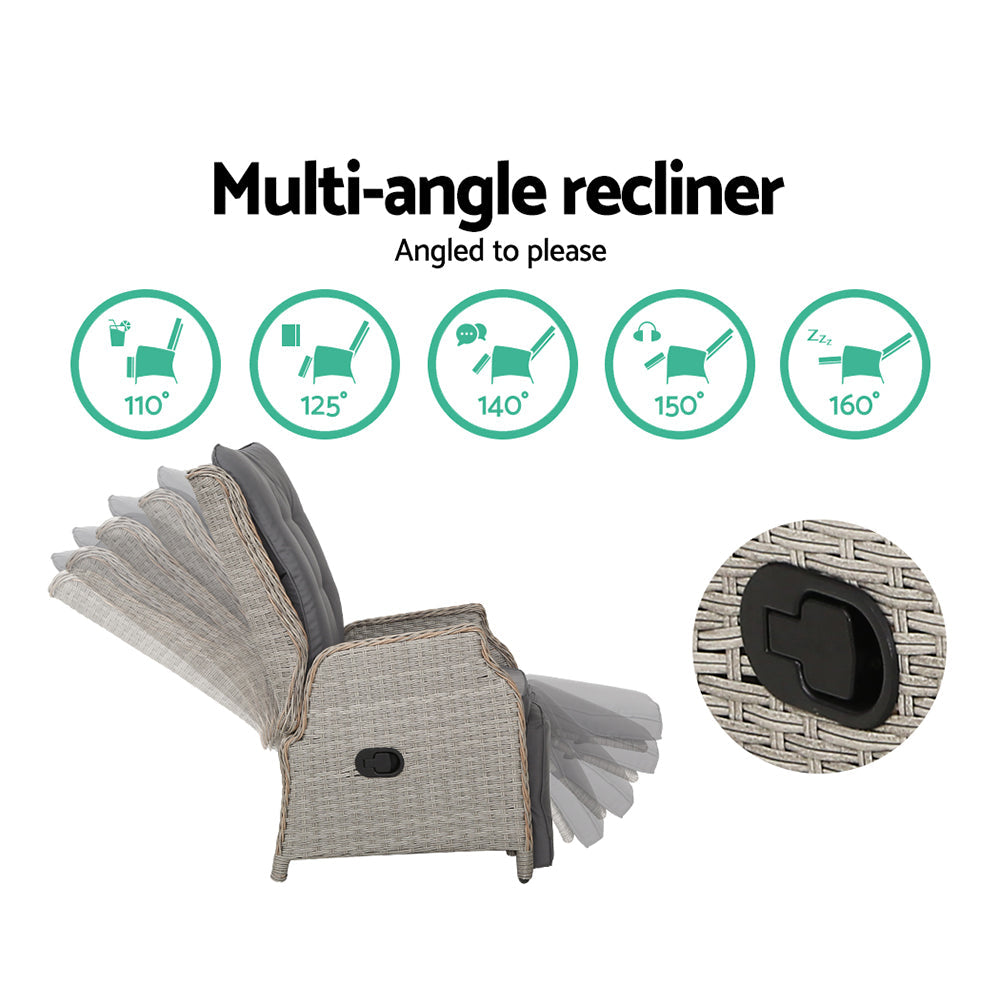 Gardeon 3PC Recliner Chairs Table Sun lounge Outdoor Furniture Wicker Adjustable Grey Chez Guru