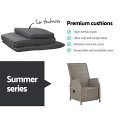 Gardeon 3PC Recliner Chairs Table Sun lounge Outdoor Furniture Wicker Adjustable Grey Chez Guru