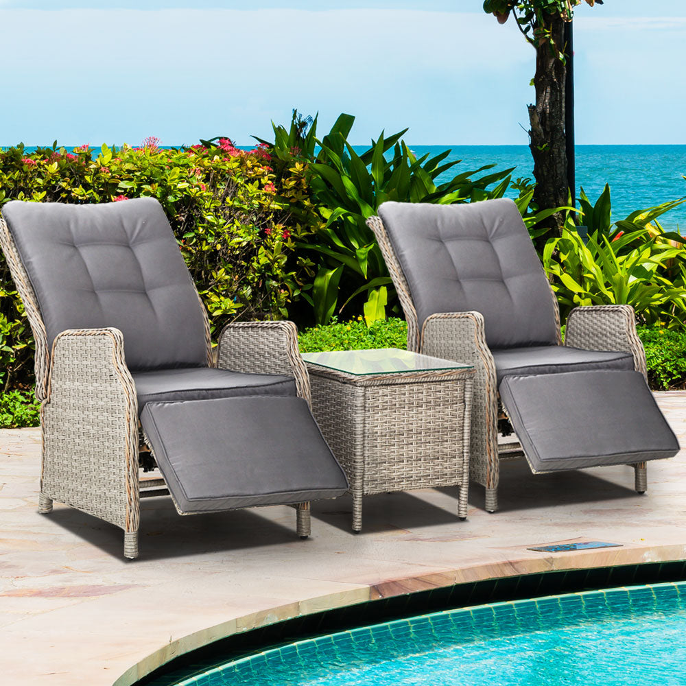 Gardeon 3PC Recliner Chairs Table Sun lounge Outdoor Furniture Wicker Adjustable Grey Chez Guru
