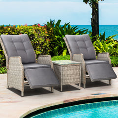 Gardeon 3PC Recliner Chairs Table Sun lounge Outdoor Furniture Wicker Adjustable Grey Chez Guru