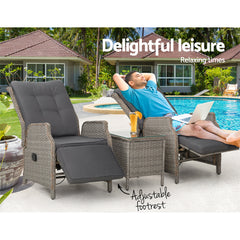 Gardeon 3PC Recliner Chairs Table Sun lounge Outdoor Furniture Wicker Adjustable Grey Chez Guru