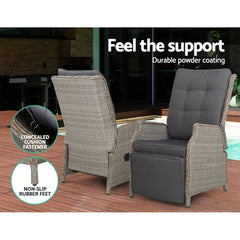 Gardeon 3PC Recliner Chairs Table Sun lounge Outdoor Furniture Wicker Adjustable Grey Chez Guru