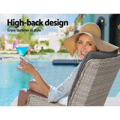 Gardeon 3PC Recliner Chairs Table Sun lounge Outdoor Furniture Wicker Adjustable Grey Chez Guru