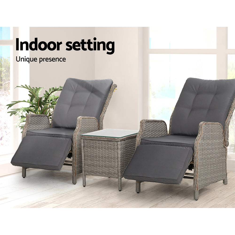 Gardeon 3PC Recliner Chairs Table Sun lounge Outdoor Furniture Wicker Adjustable Grey Chez Guru