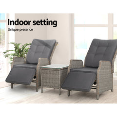 Gardeon 3PC Recliner Chairs Table Sun lounge Outdoor Furniture Wicker Adjustable Grey Chez Guru