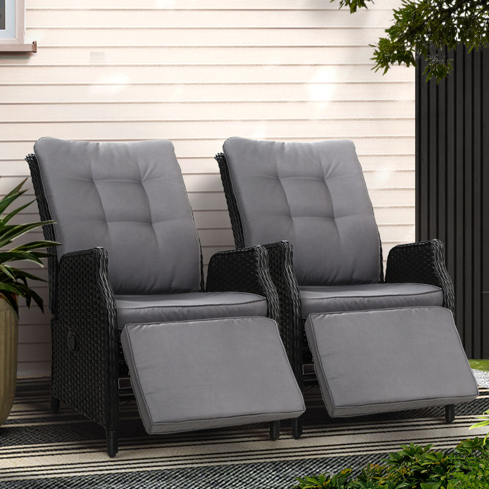 Gardeon 2PC Recliner Chairs Sun lounge Wicker Lounger Outdoor Furniture Adjustable Black Chez Guru