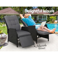 Gardeon 2PC Recliner Chairs Sun lounge Wicker Lounger Outdoor Furniture Adjustable Black Chez Guru