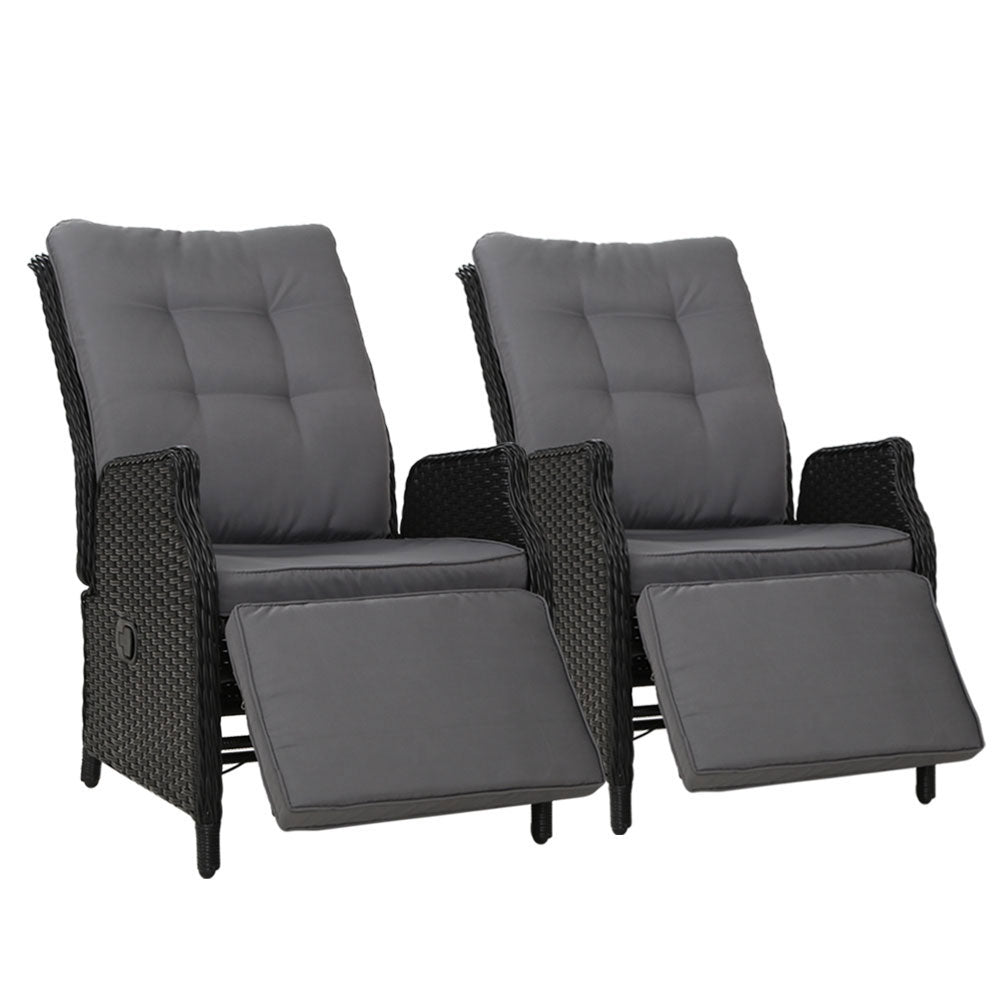 Gardeon 2PC Recliner Chairs Sun lounge Wicker Lounger Outdoor Furniture Adjustable Black Chez Guru
