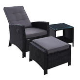 Gardeon 3PC Recliner Chairs Table Sun lounge Wicker Outdoor Furniture Adjustable Black Chez Guru