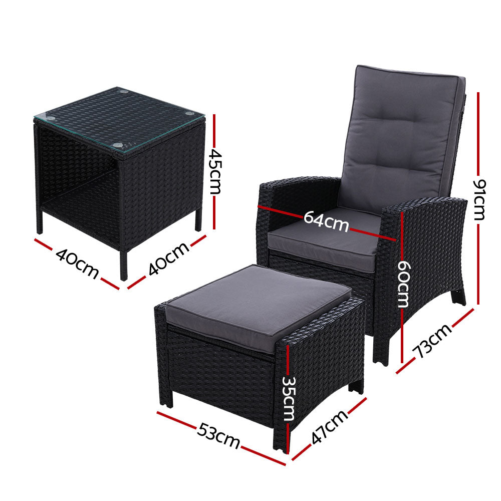 Gardeon 3PC Recliner Chairs Table Sun lounge Wicker Outdoor Furniture Adjustable Black Chez Guru
