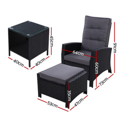 Gardeon 3PC Recliner Chairs Table Sun lounge Wicker Outdoor Furniture Adjustable Black Chez Guru