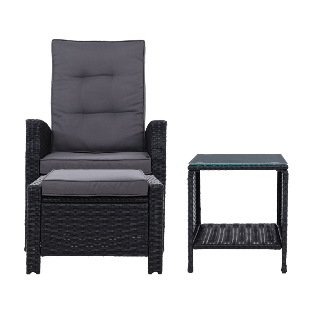 Gardeon 3PC Recliner Chairs Table Sun lounge Wicker Outdoor Furniture Adjustable Black Chez Guru