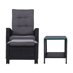 Gardeon 3PC Recliner Chairs Table Sun lounge Wicker Outdoor Furniture Adjustable Black Chez Guru