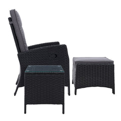 Gardeon 3PC Recliner Chairs Table Sun lounge Wicker Outdoor Furniture Adjustable Black Chez Guru