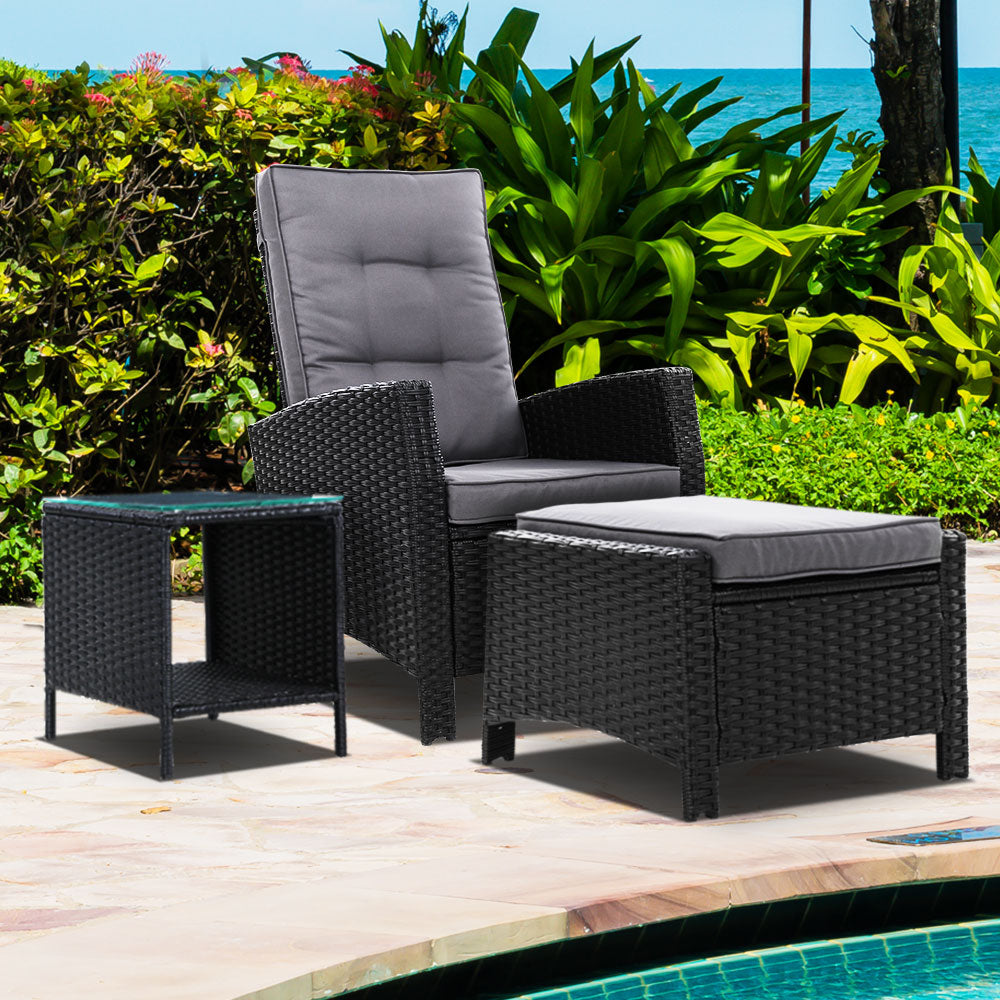 Gardeon 3PC Recliner Chairs Table Sun lounge Wicker Outdoor Furniture Adjustable Black Chez Guru