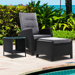 Gardeon 3PC Recliner Chairs Table Sun lounge Wicker Outdoor Furniture Adjustable Black Chez Guru