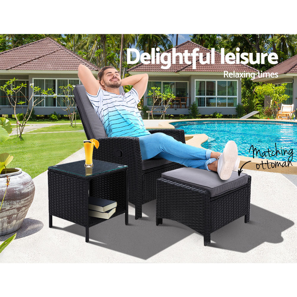 Gardeon 3PC Recliner Chairs Table Sun lounge Wicker Outdoor Furniture Adjustable Black Chez Guru