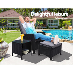 Gardeon 3PC Recliner Chairs Table Sun lounge Wicker Outdoor Furniture Adjustable Black Chez Guru