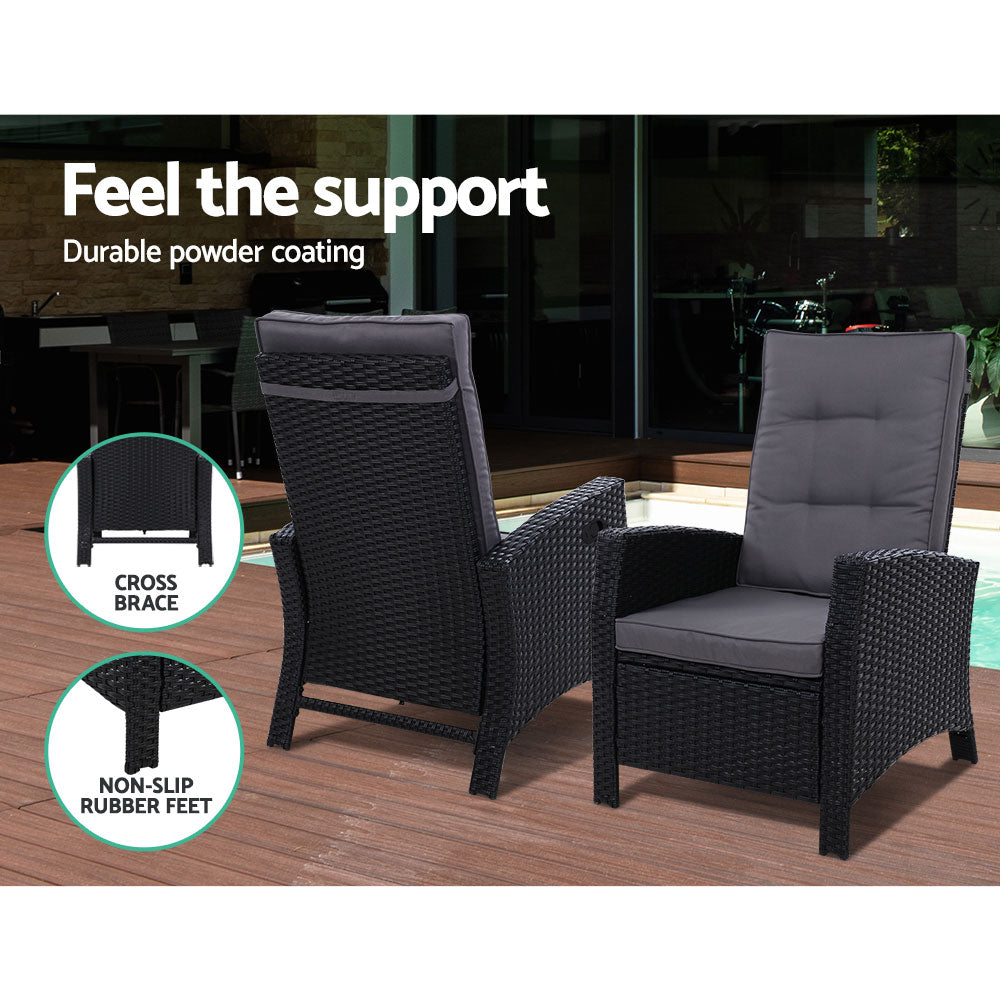 Gardeon 3PC Recliner Chairs Table Sun lounge Wicker Outdoor Furniture Adjustable Black Chez Guru
