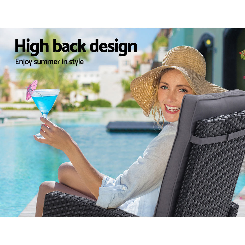 Gardeon 3PC Recliner Chairs Table Sun lounge Wicker Outdoor Furniture Adjustable Black Chez Guru
