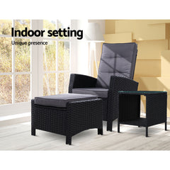 Gardeon 3PC Recliner Chairs Table Sun lounge Wicker Outdoor Furniture Adjustable Black Chez Guru