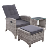 Gardeon 3PC Recliner Chairs Table Sun lounge Wicker Outdoor Furniture Adjustable Grey Chez Guru