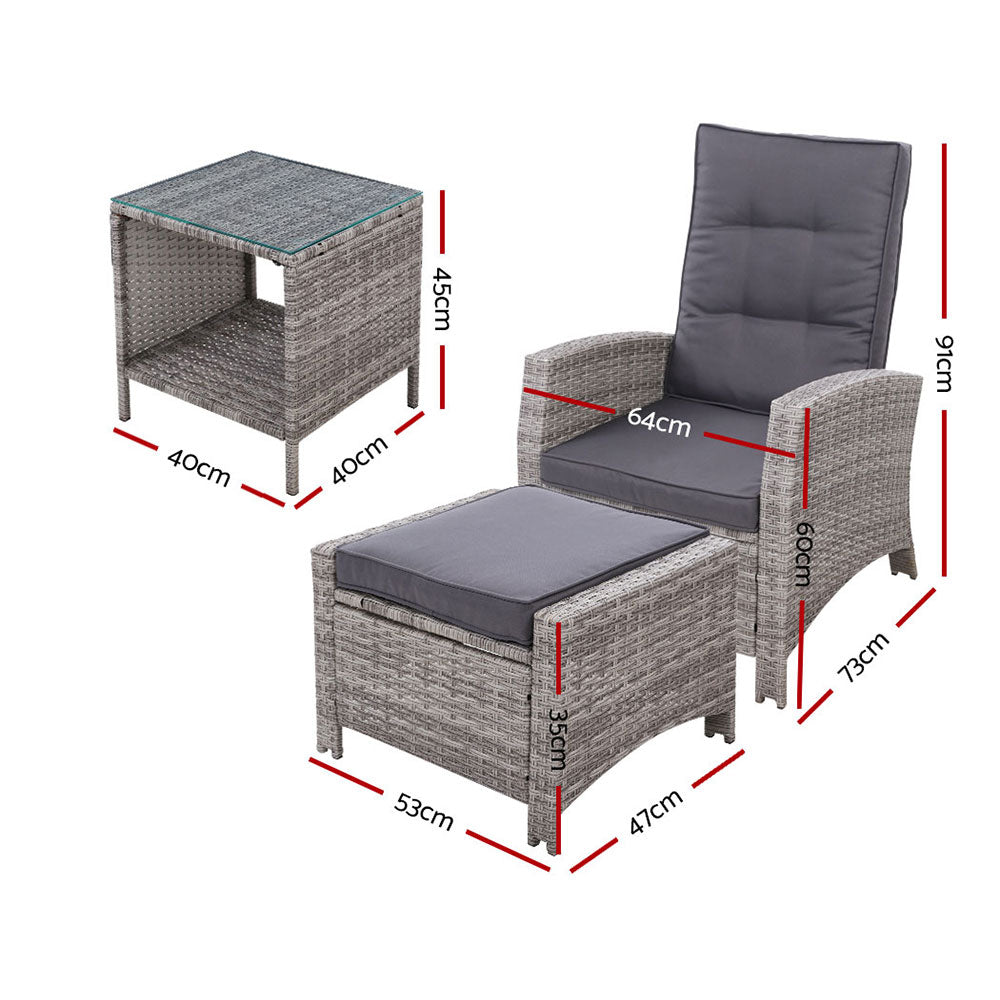 Gardeon 3PC Recliner Chairs Table Sun lounge Wicker Outdoor Furniture Adjustable Grey Chez Guru