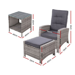 Gardeon 3PC Recliner Chairs Table Sun lounge Wicker Outdoor Furniture Adjustable Grey Chez Guru