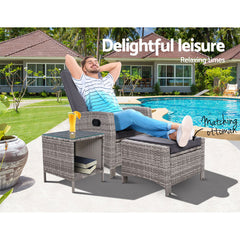 Gardeon 3PC Recliner Chairs Table Sun lounge Wicker Outdoor Furniture Adjustable Grey Chez Guru