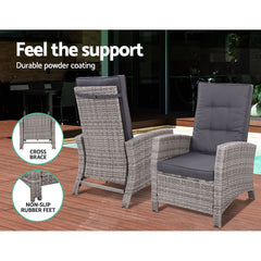 Gardeon 3PC Recliner Chairs Table Sun lounge Wicker Outdoor Furniture Adjustable Grey Chez Guru