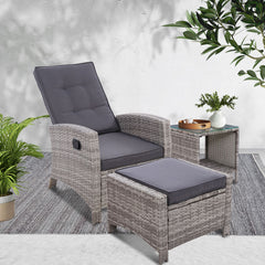 Gardeon 3PC Recliner Chairs Table Sun lounge Wicker Outdoor Furniture Adjustable Grey Chez Guru