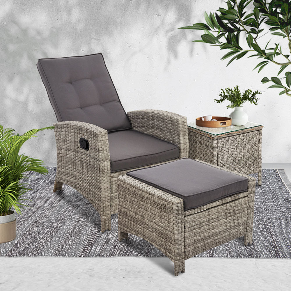 Gardeon 3PC Recliner Chairs Table Sun lounge Wicker Outdoor Furniture Adjustable Grey Chez Guru