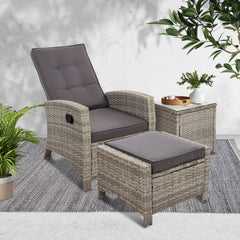 Gardeon 3PC Recliner Chairs Table Sun lounge Wicker Outdoor Furniture Adjustable Grey Chez Guru