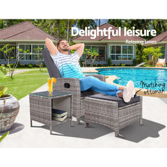 Gardeon 3PC Recliner Chairs Table Sun lounge Wicker Outdoor Furniture Adjustable Grey Chez Guru