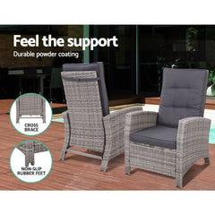 Gardeon 3PC Recliner Chairs Table Sun lounge Wicker Outdoor Furniture Adjustable Grey Chez Guru
