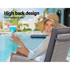 Gardeon 3PC Recliner Chairs Table Sun lounge Wicker Outdoor Furniture Adjustable Grey Chez Guru