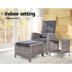 Gardeon 3PC Recliner Chairs Table Sun lounge Wicker Outdoor Furniture Adjustable Grey Chez Guru