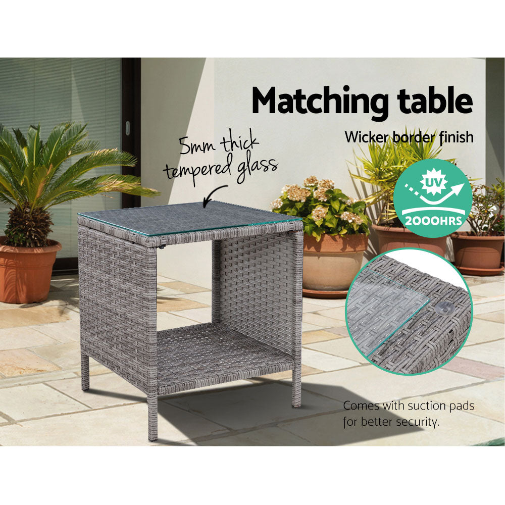 Gardeon 3PC Recliner Chairs Table Sun lounge Wicker Outdoor Furniture Adjustable Grey Chez Guru