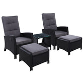 Gardeon 5PC Recliner Chairs Table Sun lounge Wicker Outdoor Furniture Adjustable Black Chez Guru